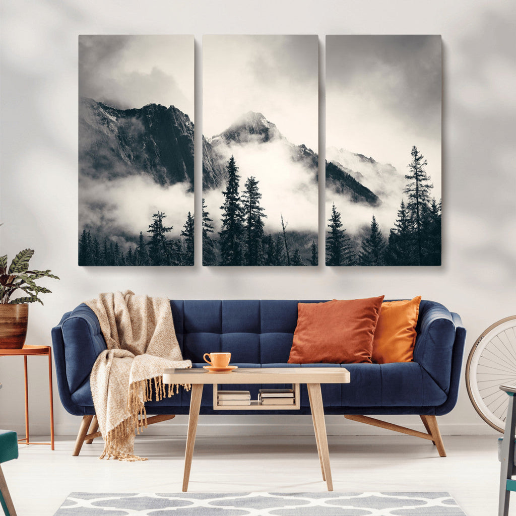 Forest Mountain Print | Black and White Canvas Wall Art with Misty Forest Design