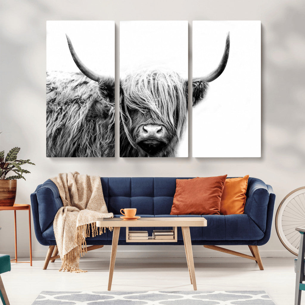 Black White Scottish Highland Cow Cattle Art Print Farmhouse Decor