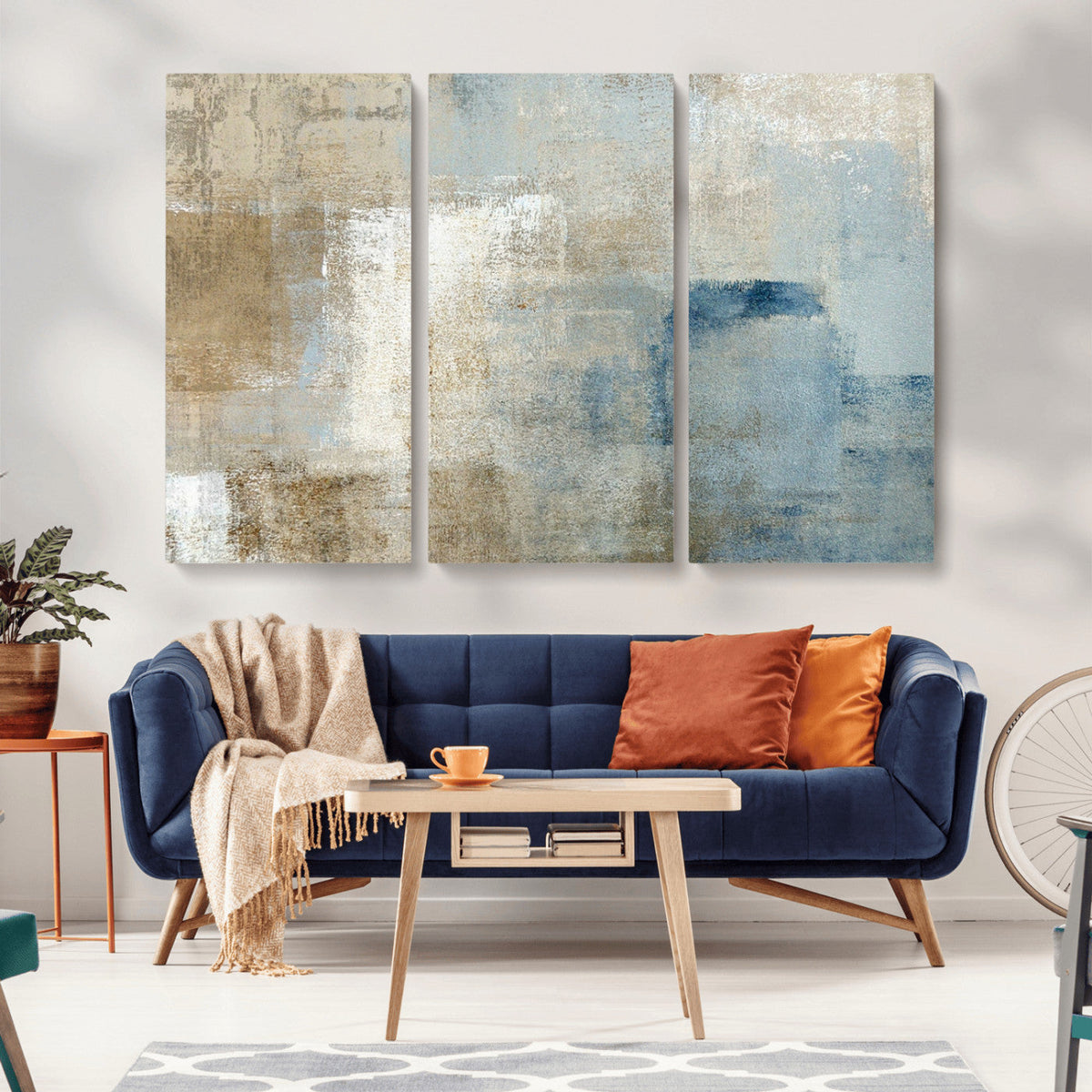 Abstract Blue and Beige Wall Art, Modern Minimalist Canvas Print Set