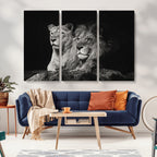 Lion Couple Wall Art Canvas Print, Elegant Black and White Wildlife Portrait