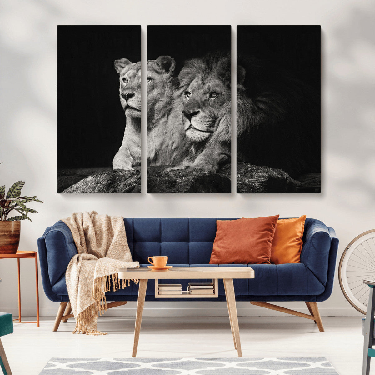 Lion Couple Wall Art Canvas Print, Elegant Black and White Wildlife Portrait