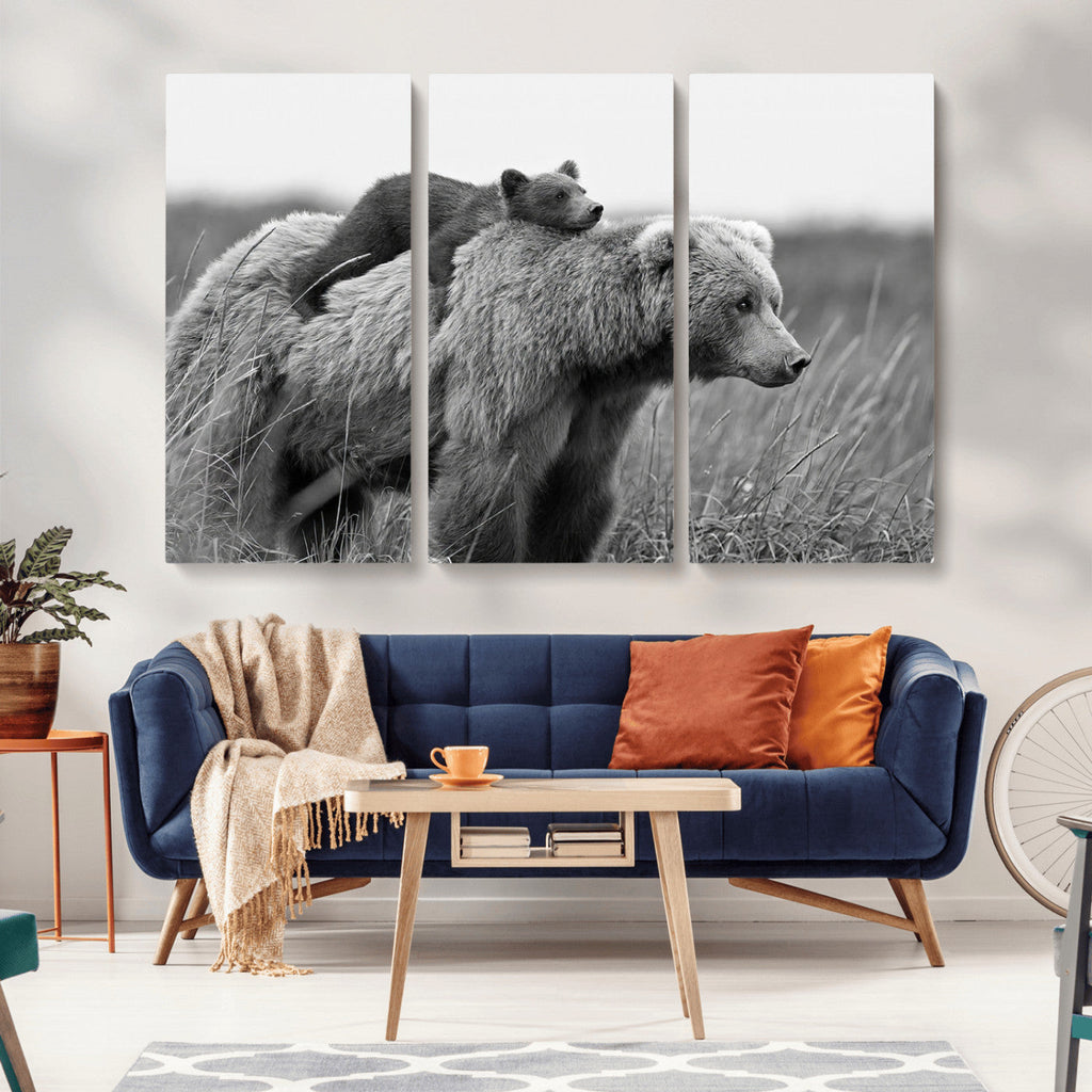 Bear and Cub Wall Art Canvas | Grizzly 399 Bear and Cub Black and White Wildlife Print