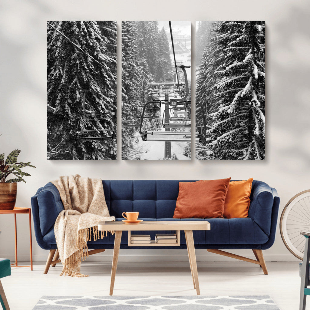 Winter Ski Lift Black and White Canvas Wall Art | Alpine Escape in Minimalist Style