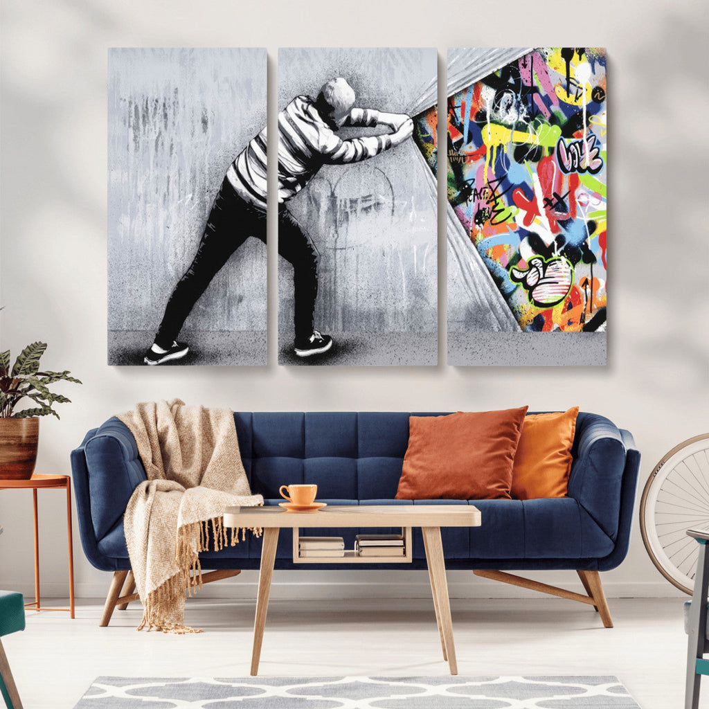 Banksy Art Behind the Curtain Street Wall Art Canvas Print | Urban Graffiti Style Wall Decor