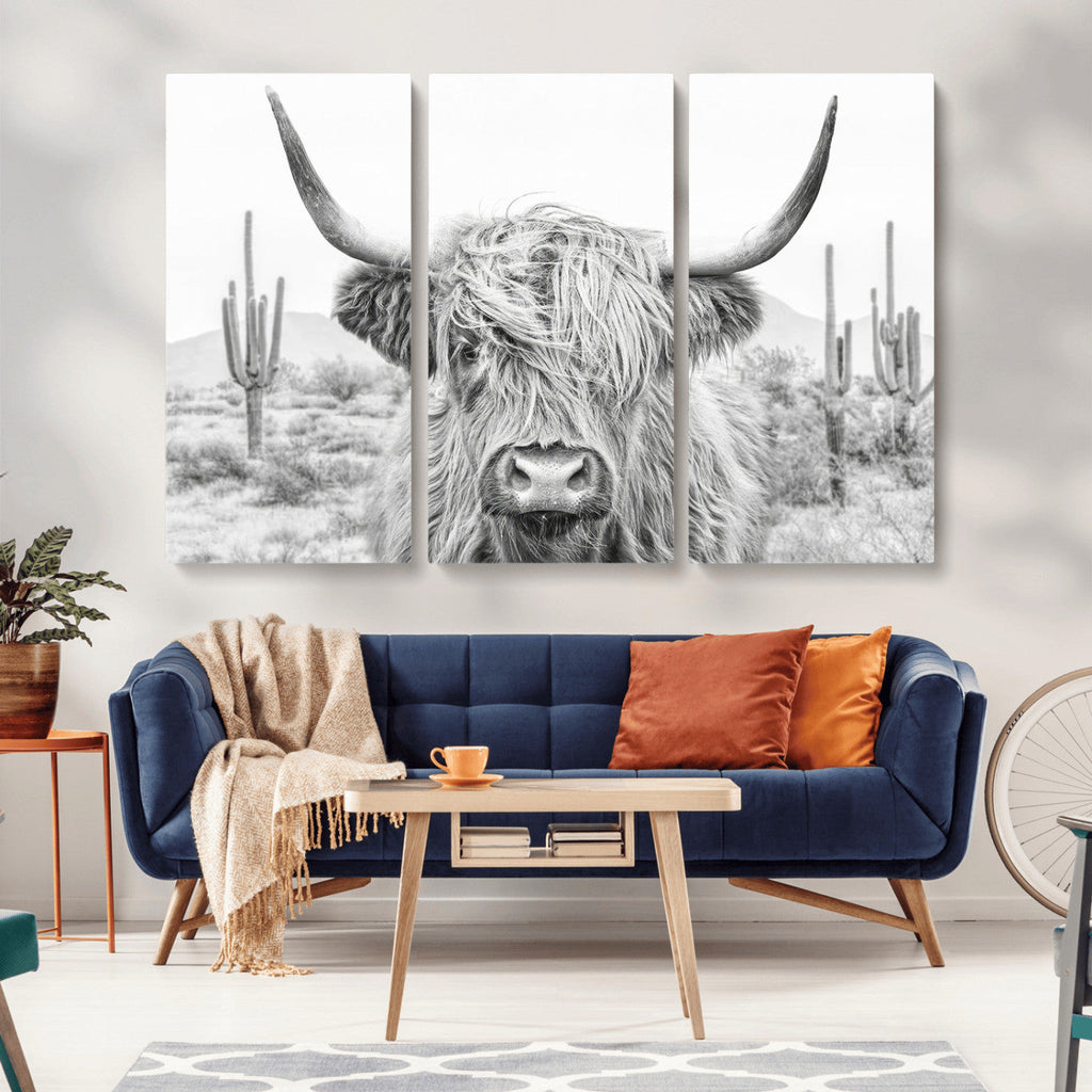 Rustic Charm, Cow Longhorn Black White Bighorn Wall Art