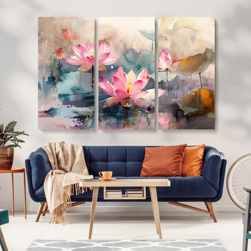 Lotus Flower Wall Art | 3 Panel Giclee Canvas Print of Pink Lotus Blossoms
