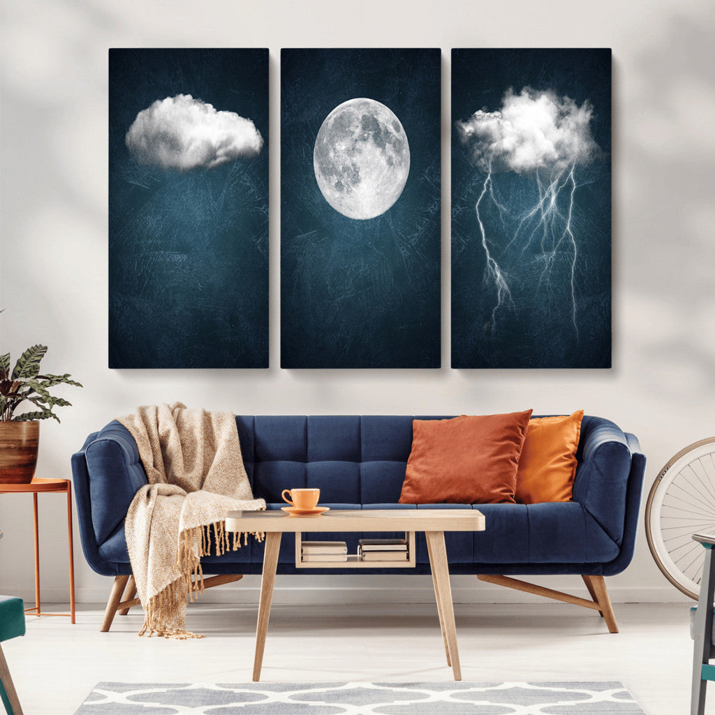 3 Piece Indigo Cloud Wall Art, Thunderstorm Moon Cloud Artwork