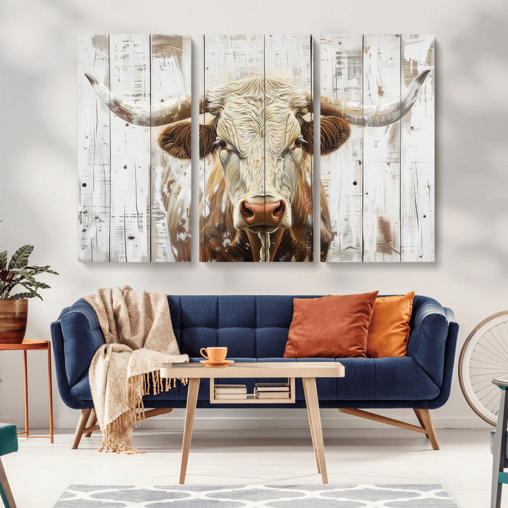Rustic Longhorn Bull Wall Art Canvas Set