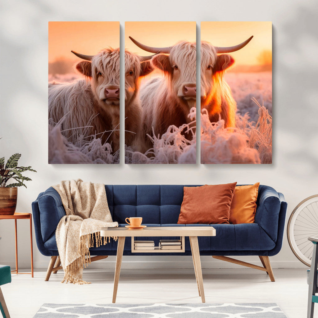 Highland Cows at Sunrise Wall Art Canvas Set