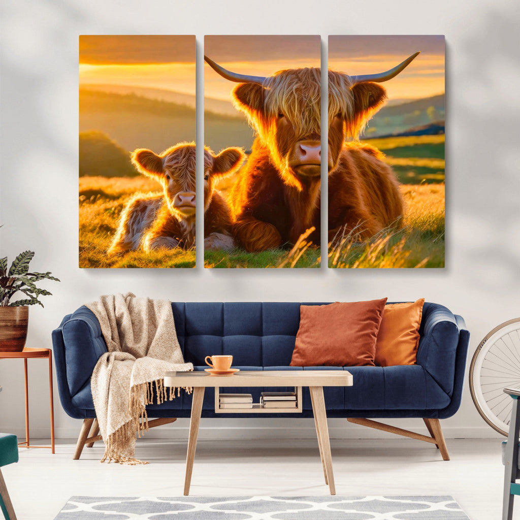Scottish Cow and Baby Cow Canvas Wall Art Animal Print