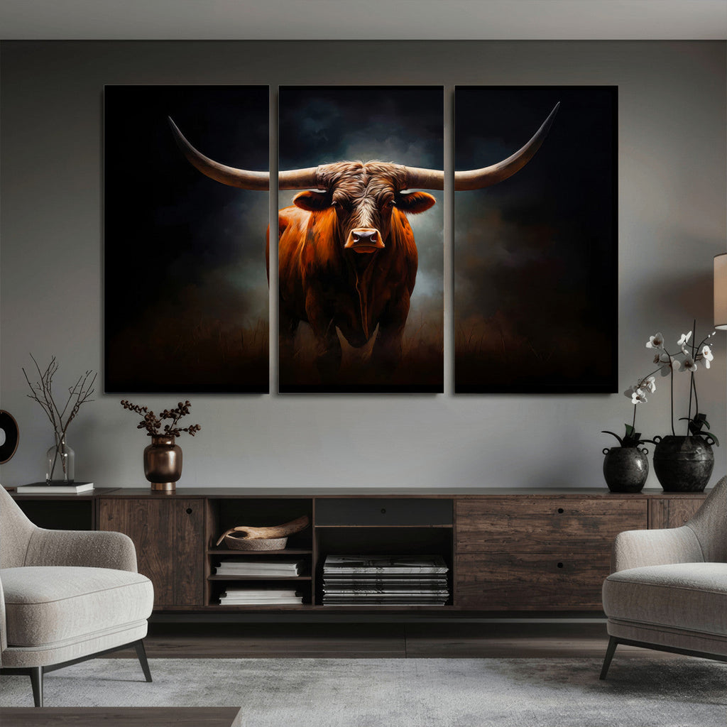 Abstract Texas Longhorn Wall Art Print | 3-Panel Large Texas Longhorn Canvas