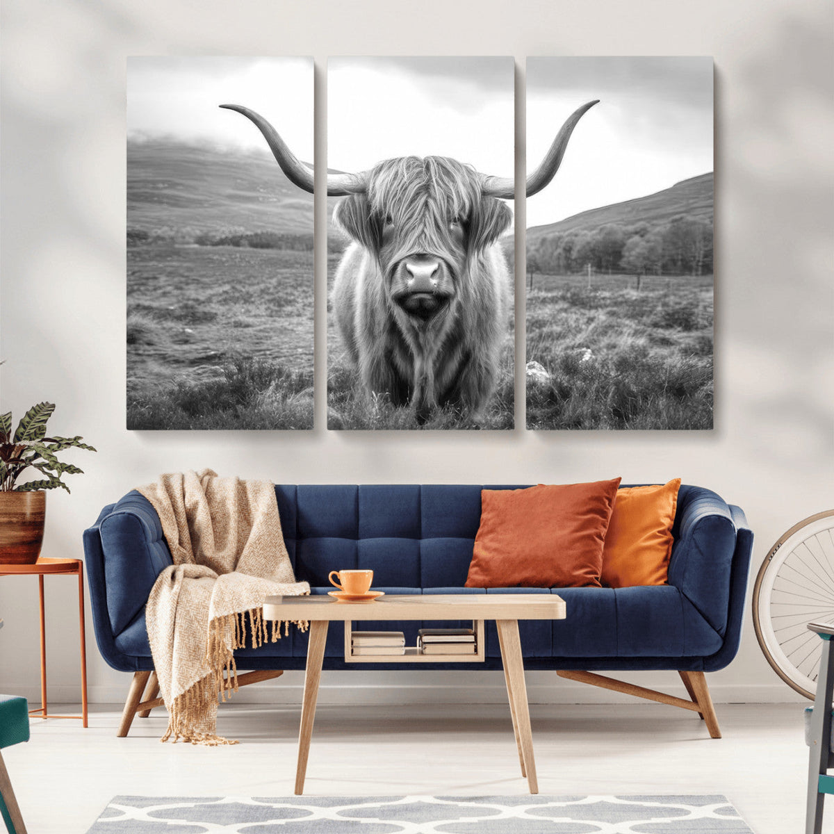 Black White Scottish Highland Cow Canvas Farm Wall Art