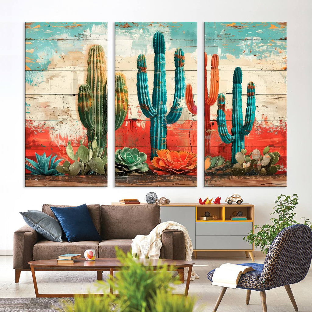Colorful Cacti Wall Art | Framed Vibrant Succulent Canvas