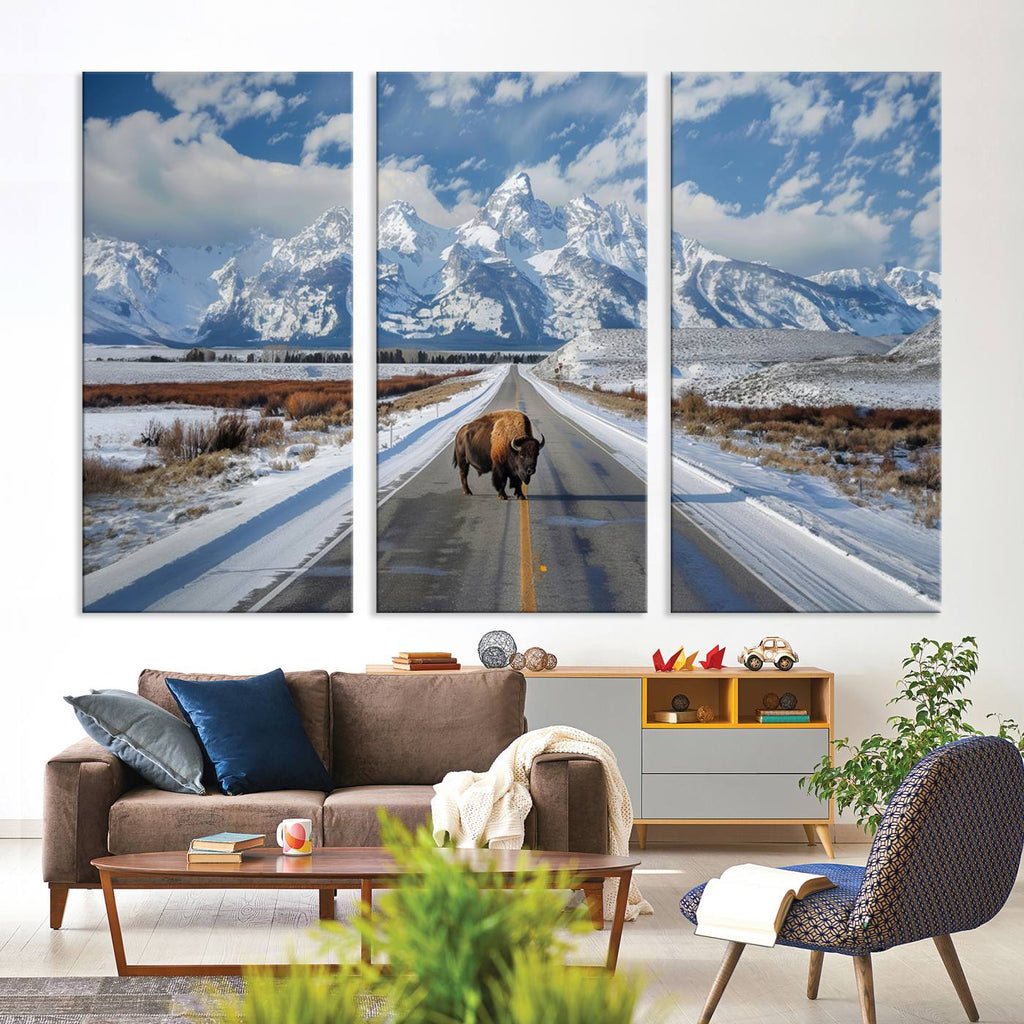 Bison Wall Art | Snowy Road Wall Art | Framed Mountain Landscape Canvas