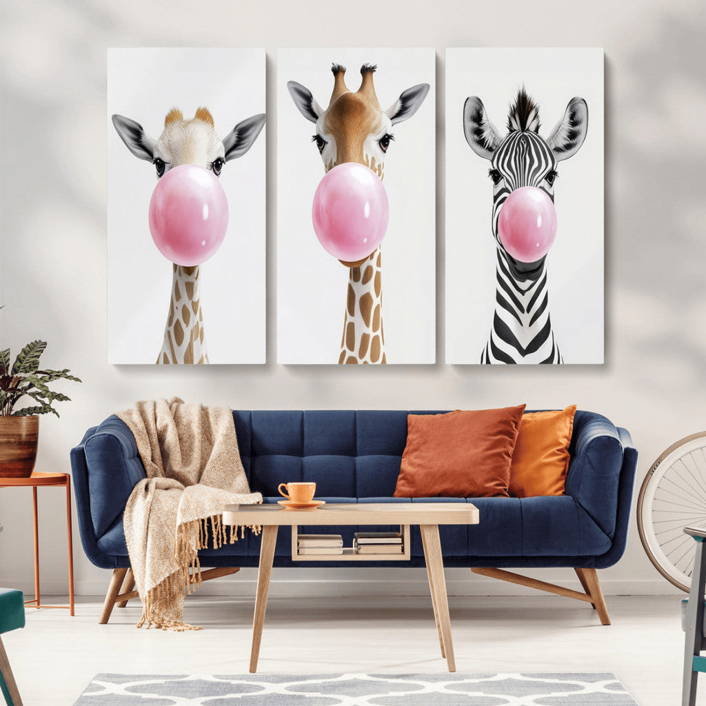 Bubblegum Animals Canvas Wall Art, Playful Giraffe and Zebra Trio, Whimsical Nursery and Kids Room Decor