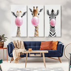 Bubblegum Animals Canvas Wall Art, Playful Giraffe and Zebra Trio, Whimsical Nursery and Kids Room Decor