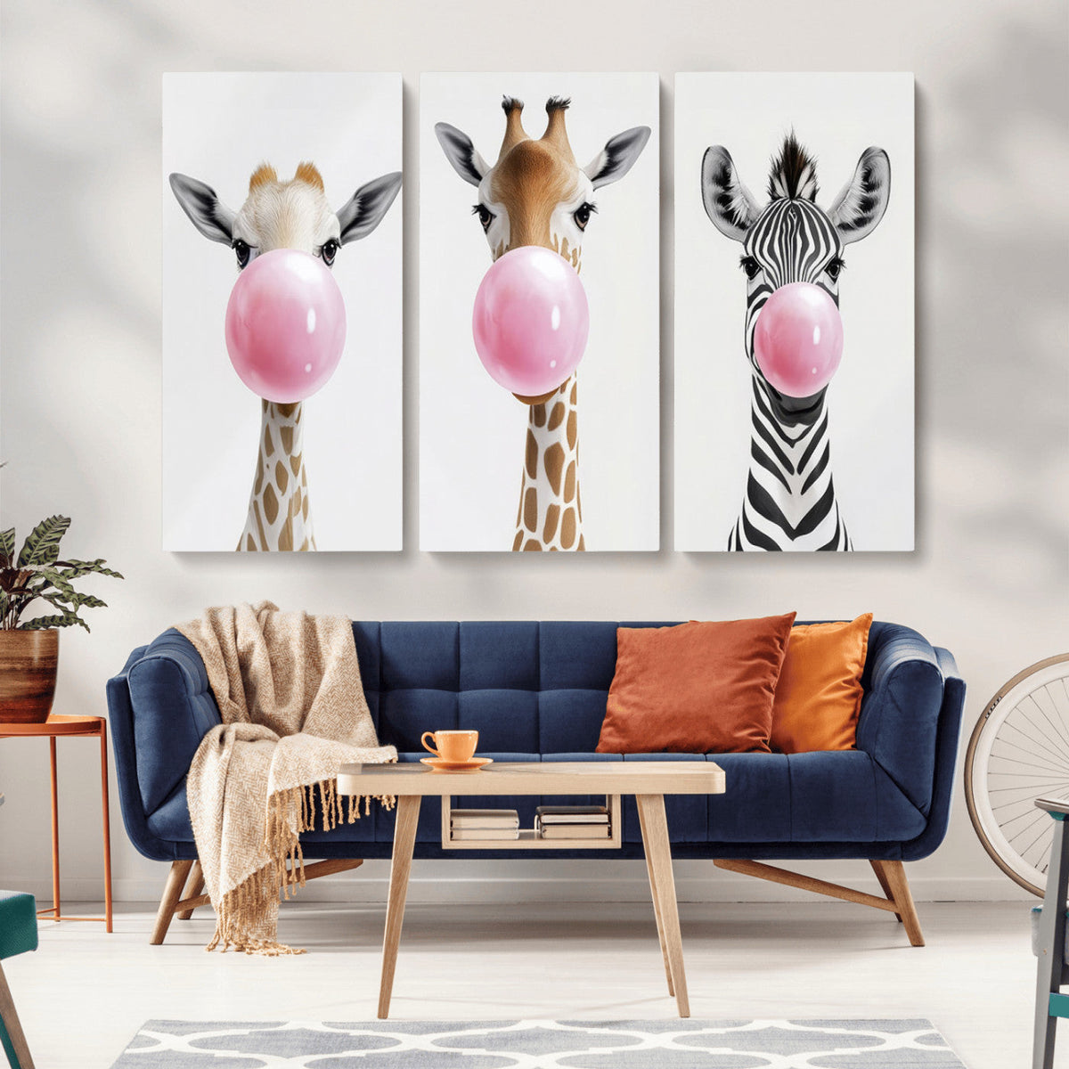 Bubblegum Animals Canvas Wall Art, Playful Giraffe and Zebra Trio, Whimsical Nursery and Kids Room Decor