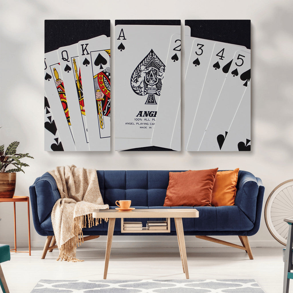 Poker Wall Art - Playing Cards Canvas Wall Art Print - Ace of Spades and Royal Flush Design