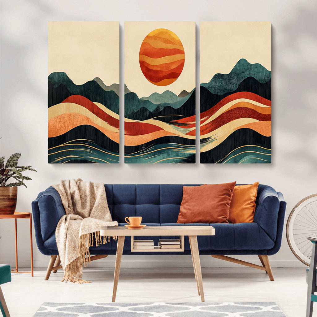 Mountain Triptych Wall Art Canvas Print | Western Boho Pine Tree Nature Print