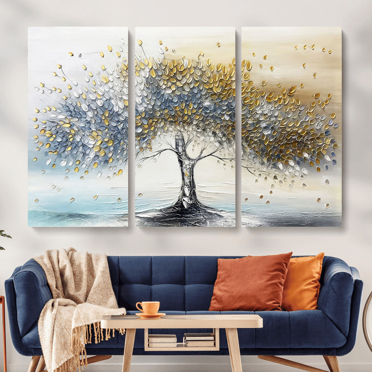 Golden and Silver Tree Wall Art | Framed Elegant Leaves Canvas