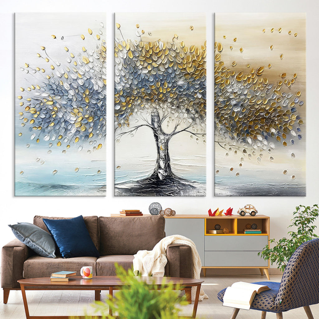 Silver Tree Wall Art | Framed Golden Leaves Canvas Artwork