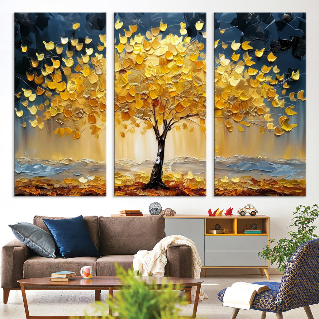 Golden Tree Wall Art | Framed Autumn Leaves Canvas Artwork