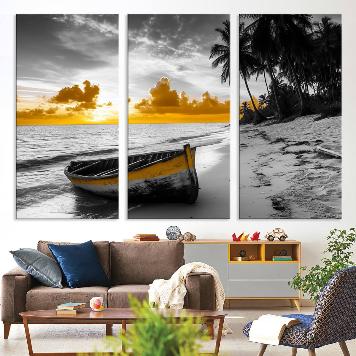 Yellow Rowboat Wall Art | Framed Tropical Shoreline Canvas