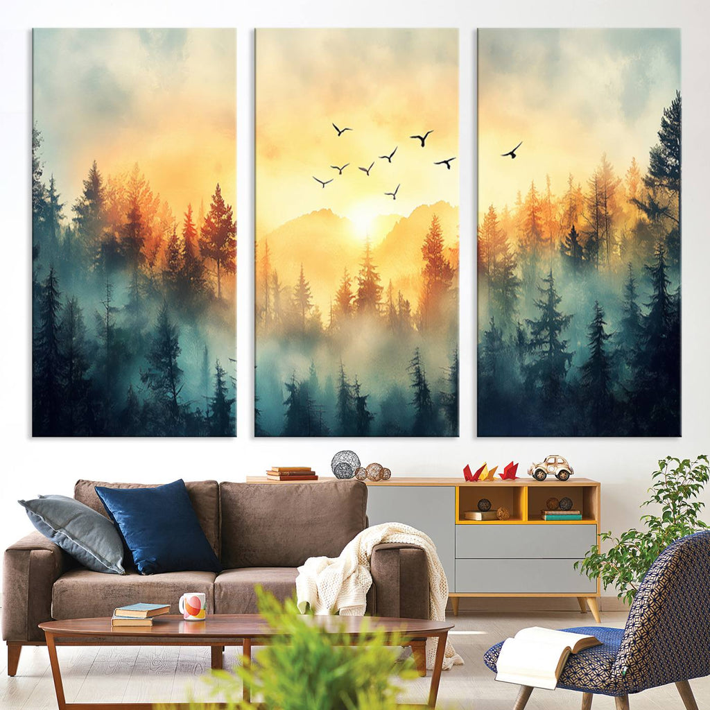 Sunrise Forest Wall Art | Framed Misty Pines Canvas Artwork