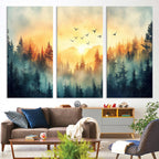 Sunrise Forest Wall Art | Framed Misty Pines Canvas Artwork