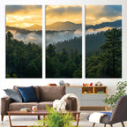 Mountain Sunrise Wall Art | Framed Pine Forest Canvas