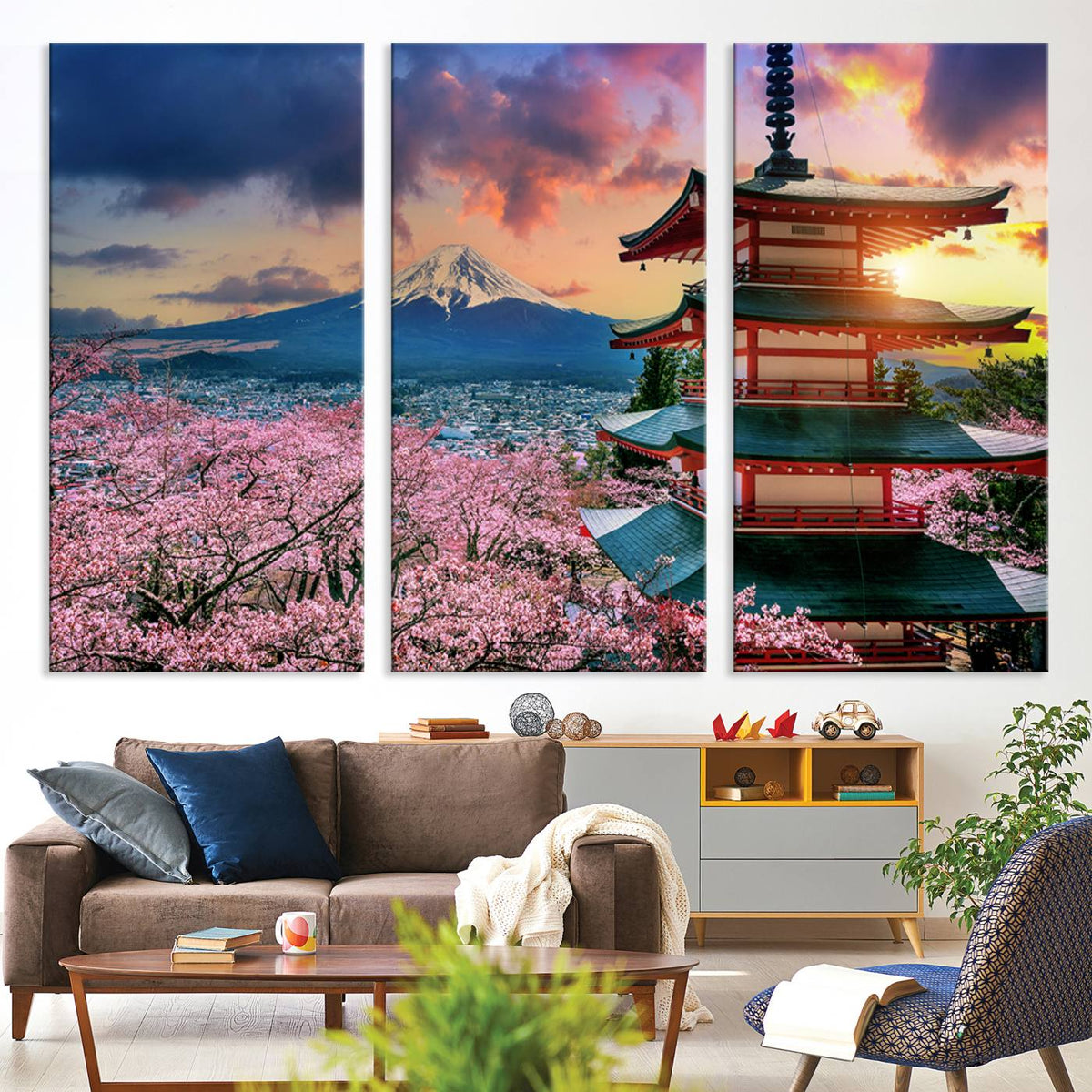 Mount Fuji Cherry Blossom Wall Art Canvas Print | Framed Pagoda Sunset