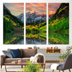 Sunset Glow Mountain Wall Art Canvas Print | Peaks, Green Forest and Lake