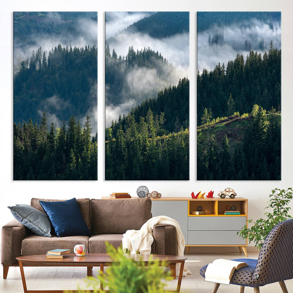 Misty Forest Wall Art Canvas Print | Pine Hills with Foggy Trees