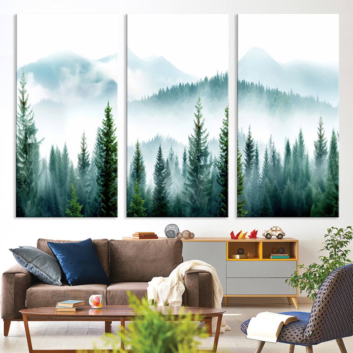 Misty Pine Forest Wall Art, Foggy Mountain Landscape Canvas