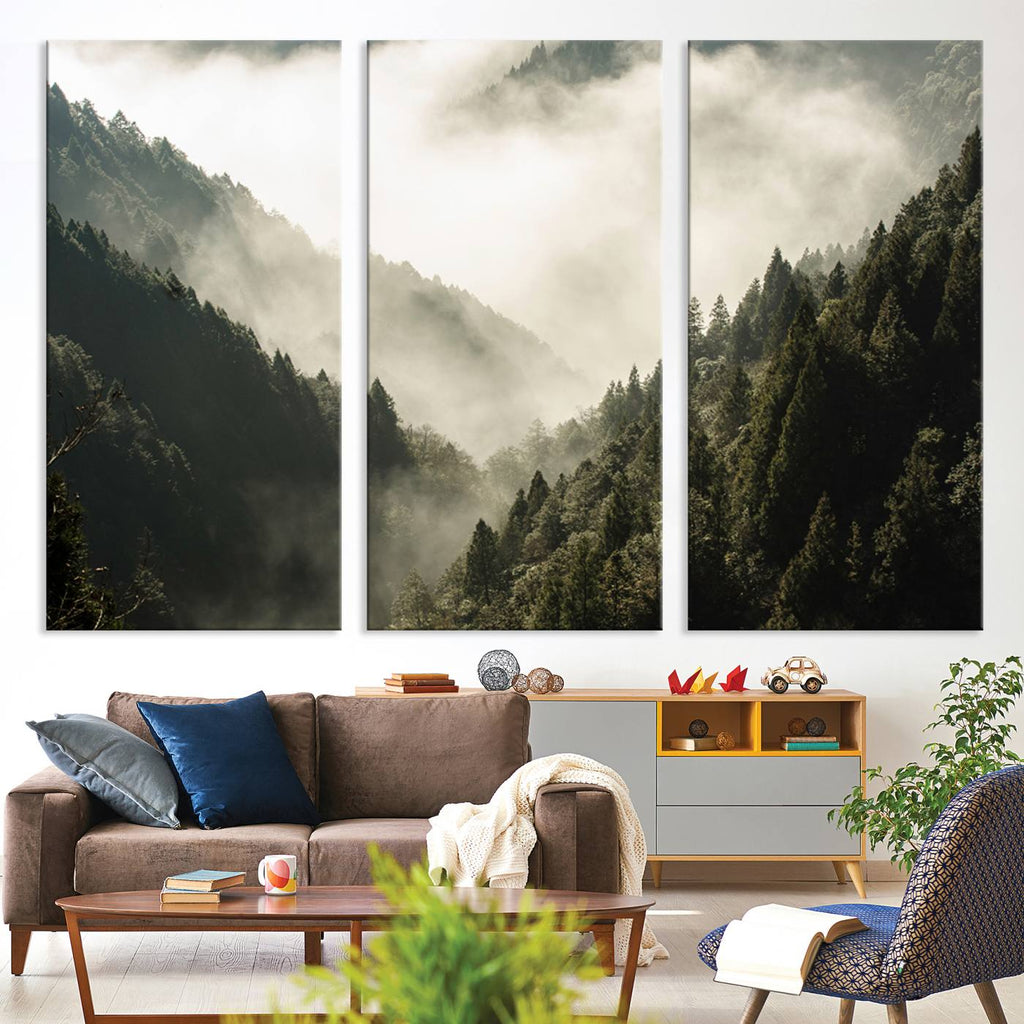 Misty Valley Wall Art Canvas Print | Foggy Forest and Pine Trees