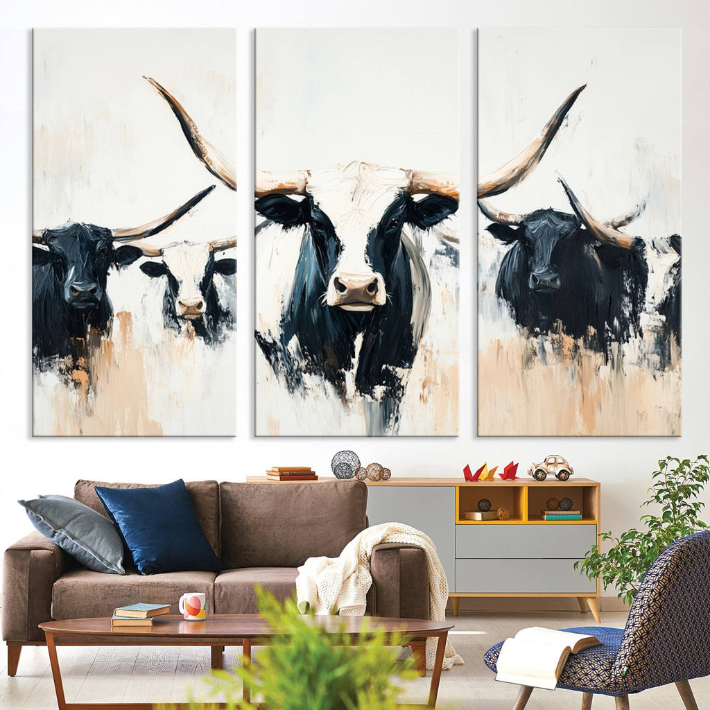 Texas Longhorn Wall Art Canvas Print | Majestic Horned Bull in Black and White