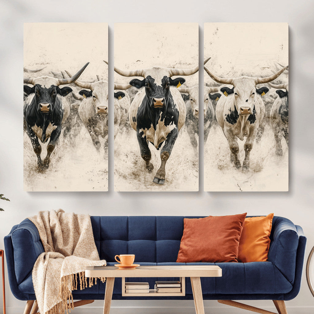 Texas Longhorn Wall Art | Framed Cattle Walking Canvas