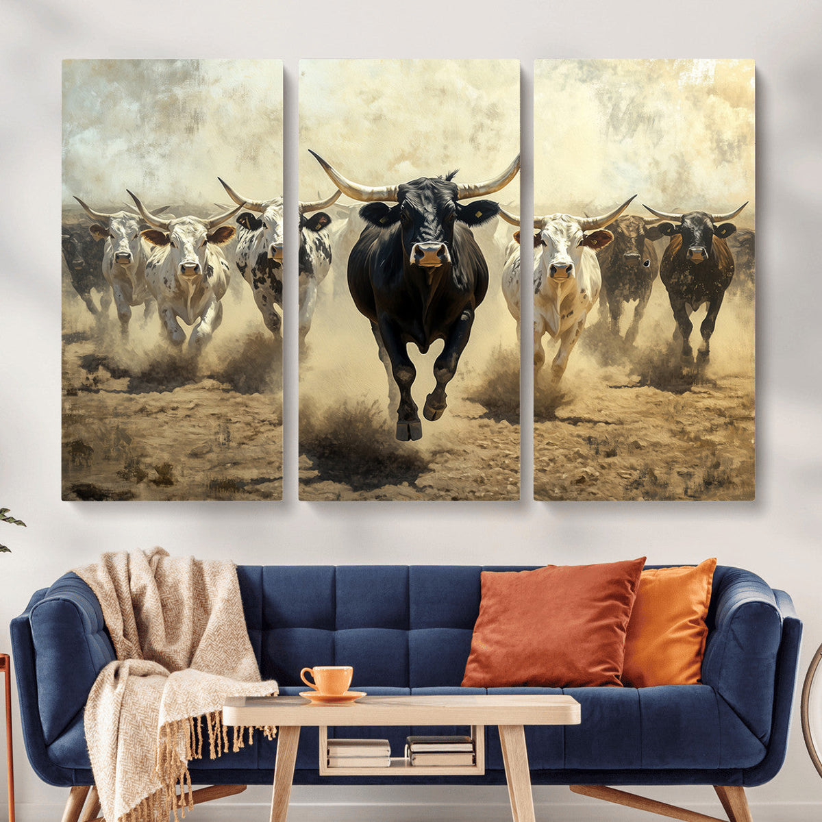 Texas Longhorn Wall Art | Framed Charging Cattle Canvas