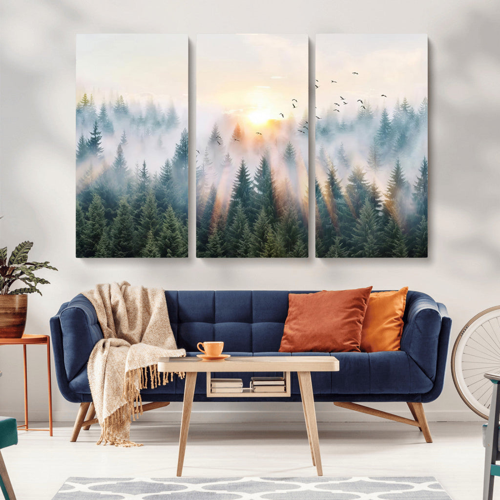 Misty Pine Forest Wall Art Canvas, Sunrise Over Foggy Trees