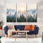 Misty Pine Forest Wall Art Canvas, Sunrise Over Foggy Trees