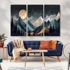 Moonlit Mountain Wall Art Canvas Print, Framed Silhouetted Pines Art, Layered Peaks Rustic Decor