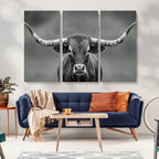Texas Longhorn Wall Art Canvas Print, Framed Western Bull Photography, Rustic Log Cabin Decor