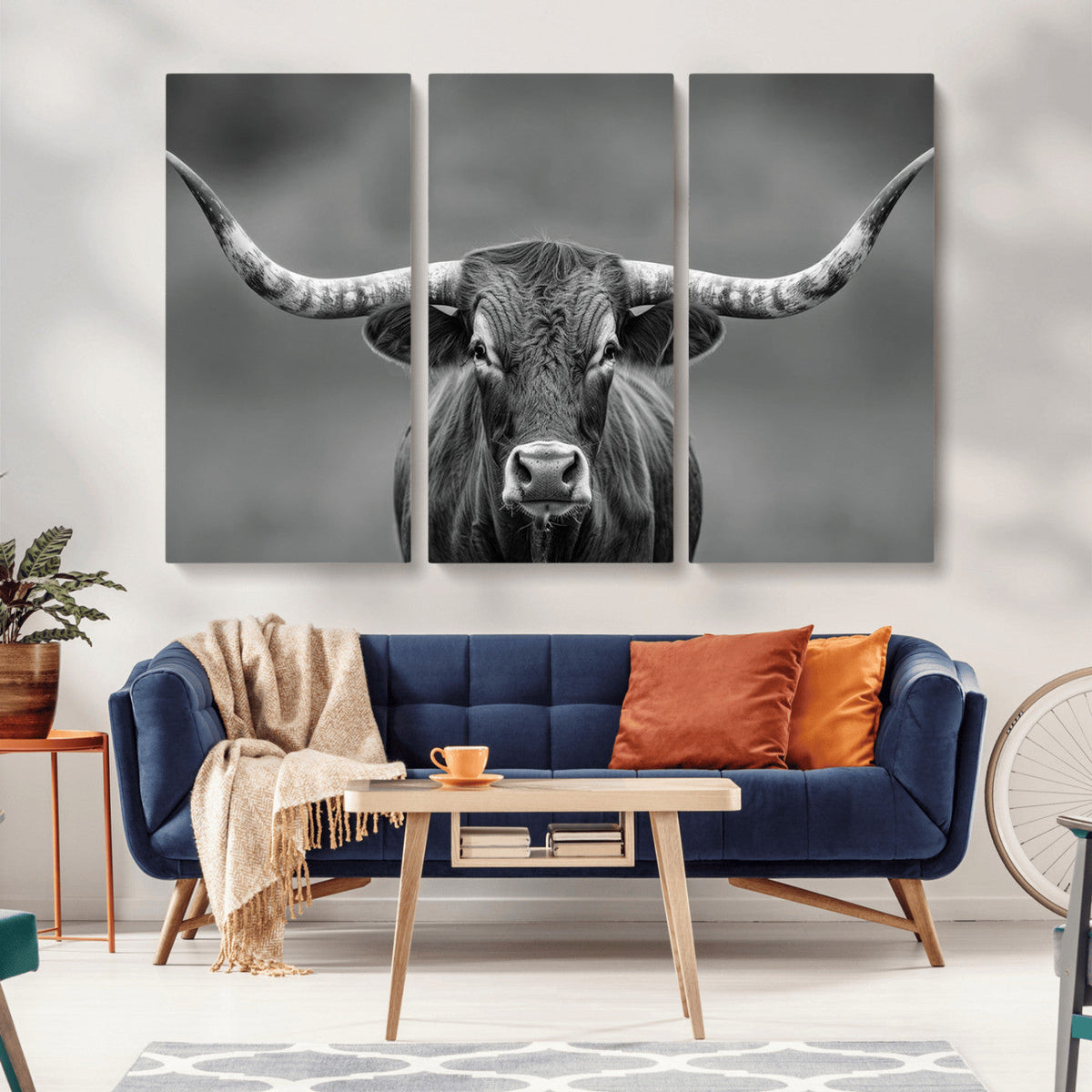 Texas Longhorn Wall Art Canvas Print, Framed Western Bull Photography, Rustic Log Cabin Decor