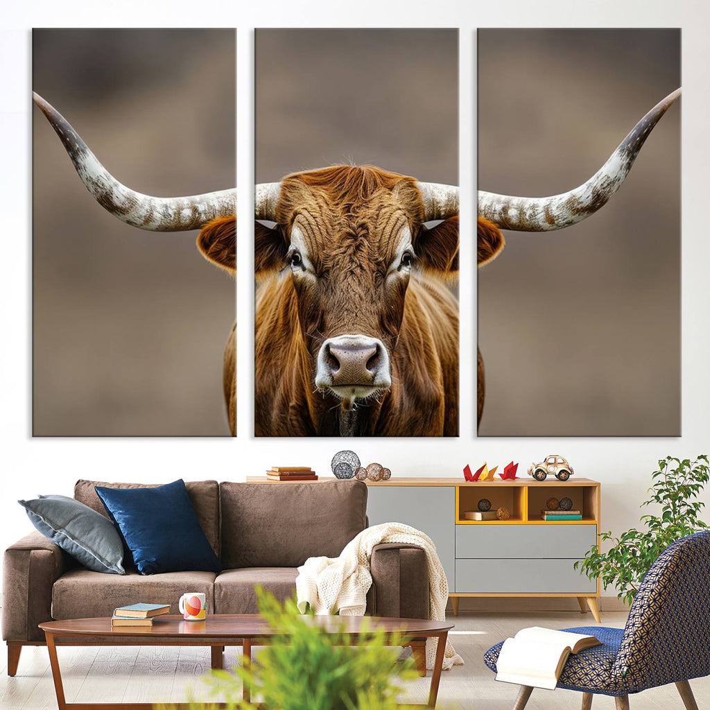 Texas Longhorn Wall Art Canvas Print | Rustic Brown Bull Western Decor