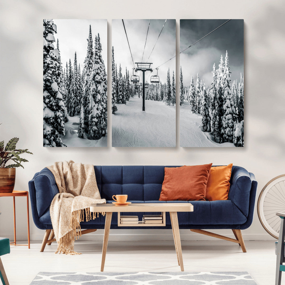 Snowy Pines Wall Art Canvas Print | Ski Lift in a Winter Forest