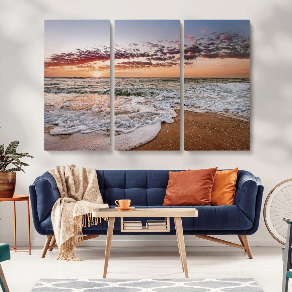 Ocean Sunset Wall Art Canvas Print | Sandy Shore and Gentle Waves
