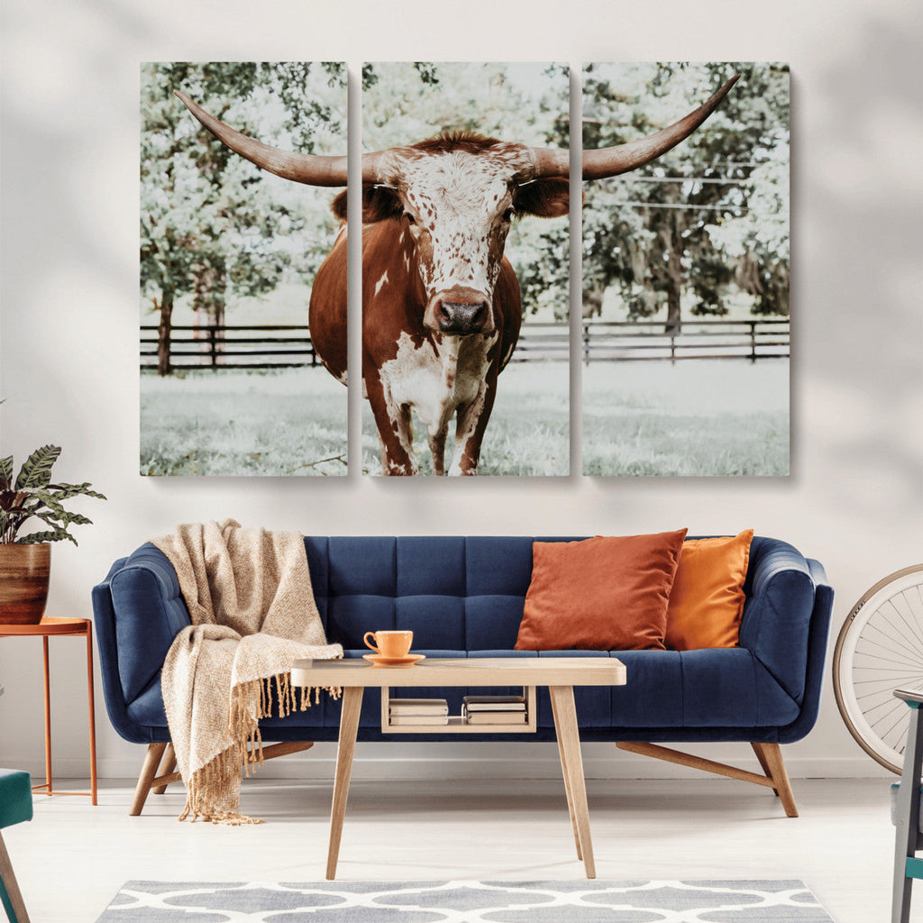 Texas Longhorn Wall Art Canvas Print | Framed Spotted Brown and White Bull