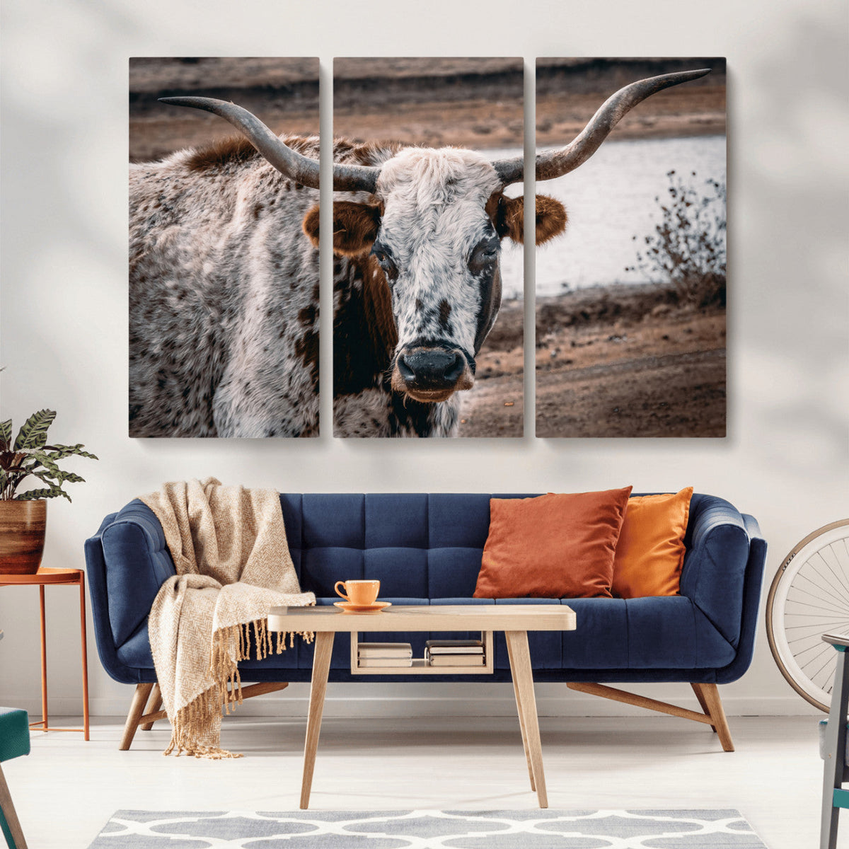 Texas Longhorn Wall Art Canvas Print | Framed Brown and White Spotted Longhorn