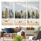 Elk Herd Wall Art, Framed Snowy Forest Canvas Artwork
