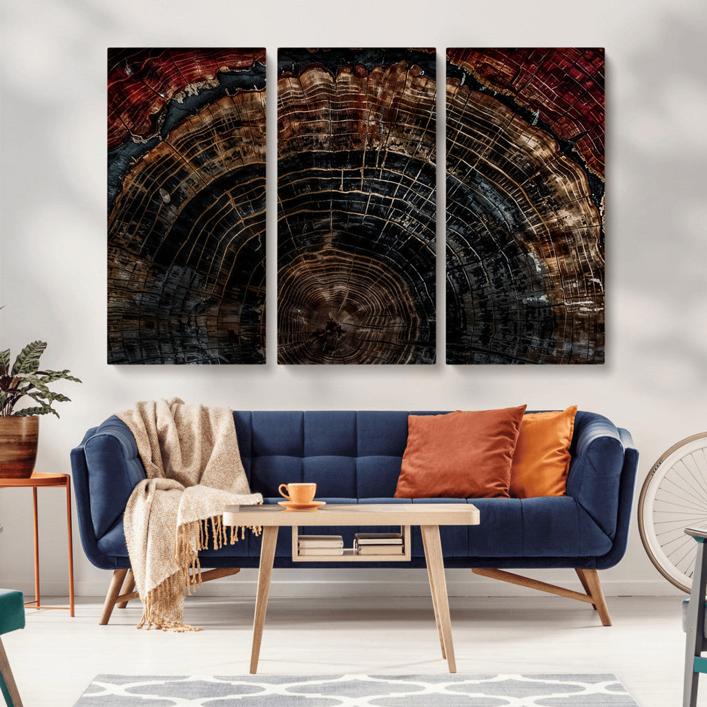 Dark Wood Ring Wall Art Canvas Print, Framed Abstract Tree Slice Print, Rustic Wood Grain Decor